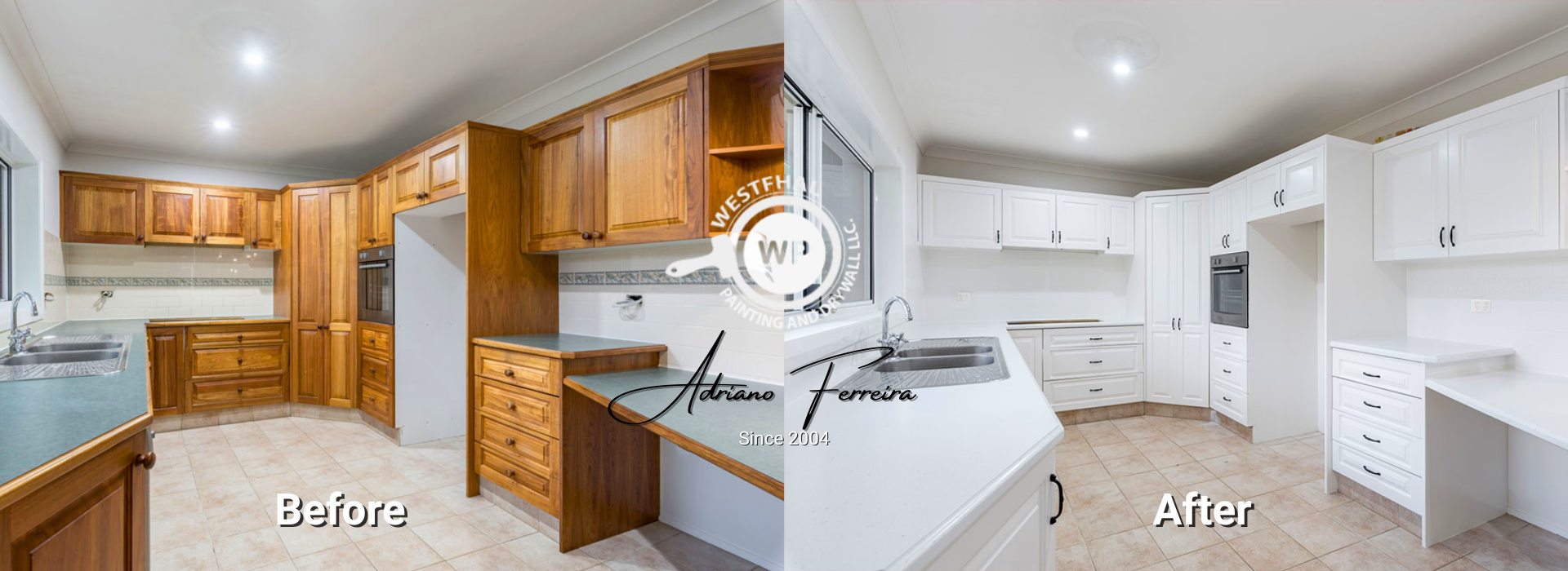 Before and after image of a kitchen cabinet painting project showing old wooden cabinets transformed into modern white cabinets.