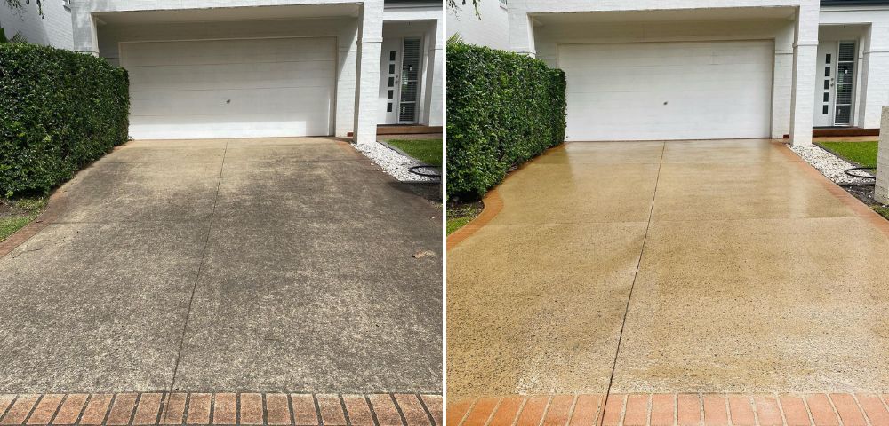 Before and after images of a driveway cleaned with professional power wash service.
