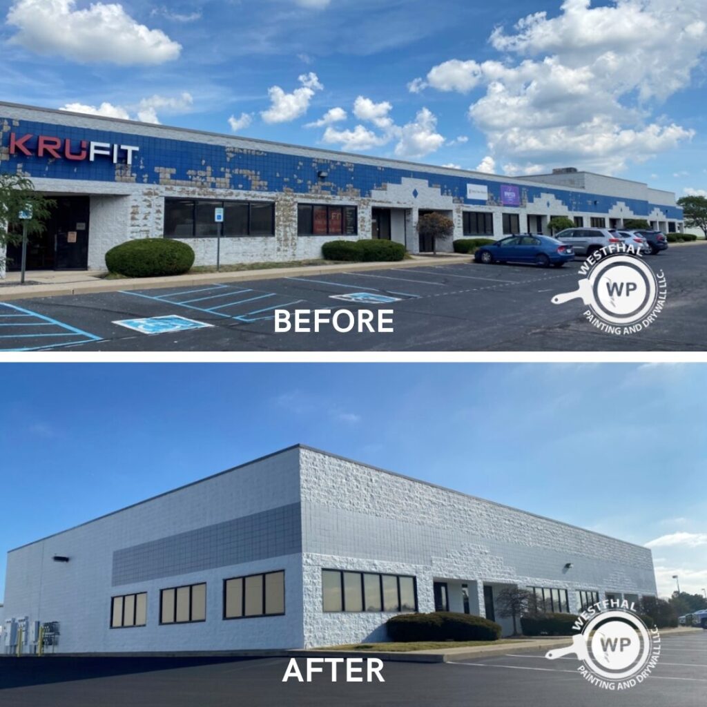 Before and after images of a commercial building exterior transformed by professional painting.