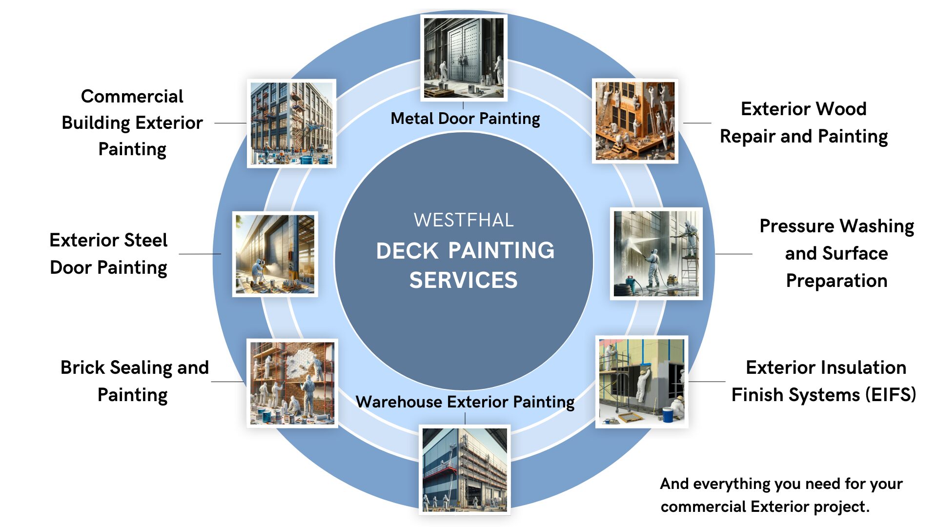 Infographic displaying the top commercial exterior painting services offered by Westfhal Painting.