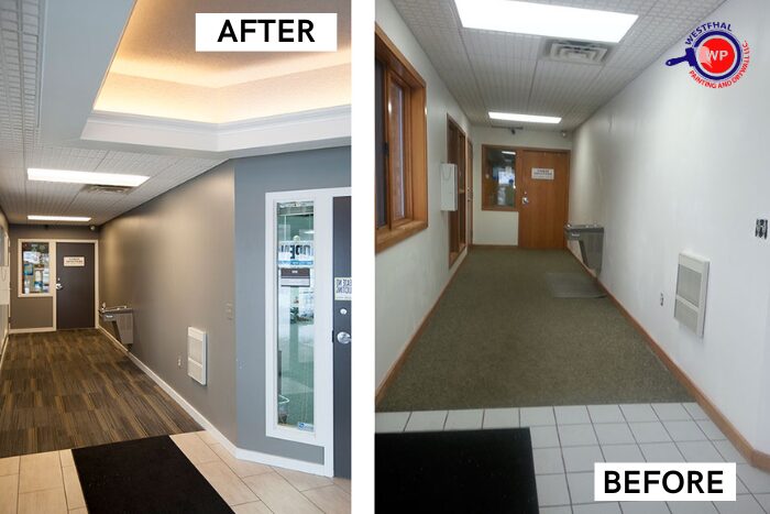 Before and after images of a commercial office space transformed by professional painting.
