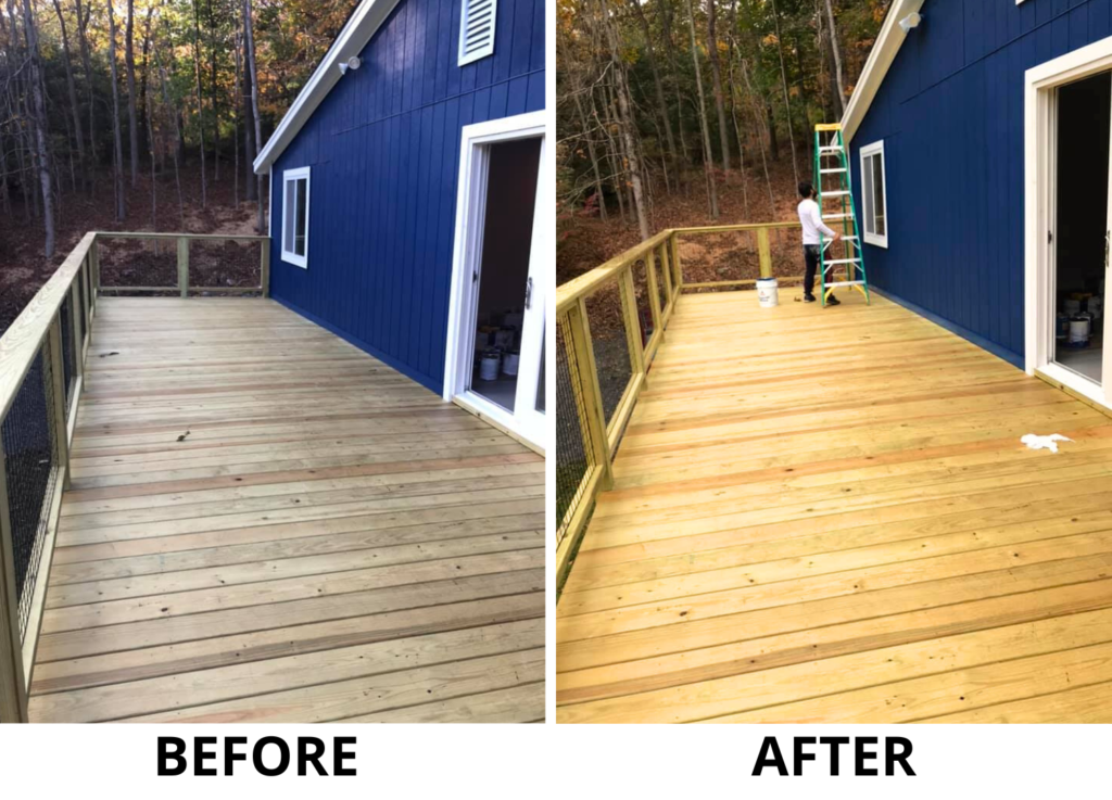 Before and after images of a deck staining project showing the transformation by Westfhal Painting in Connecticut.