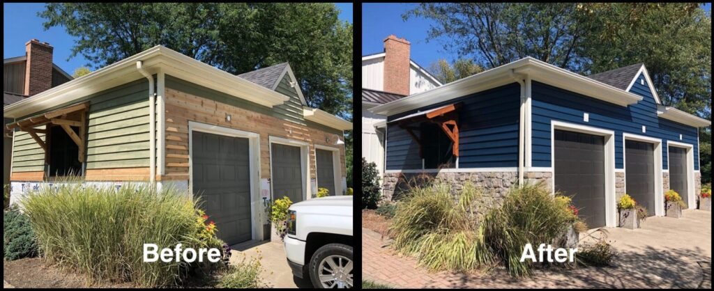 Before and after images of a garage door painted by Westfhal Painting & Drywall, highlighting the transformation.