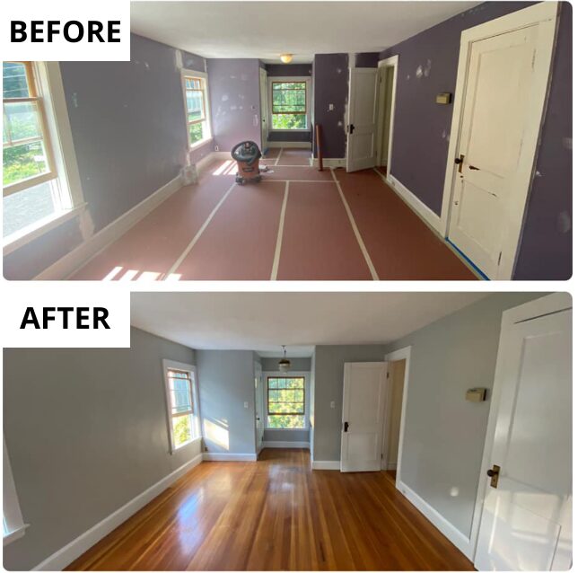 Before and after of a bedroom interior painting transformation by Westfhal Painting and Drywall LLC
