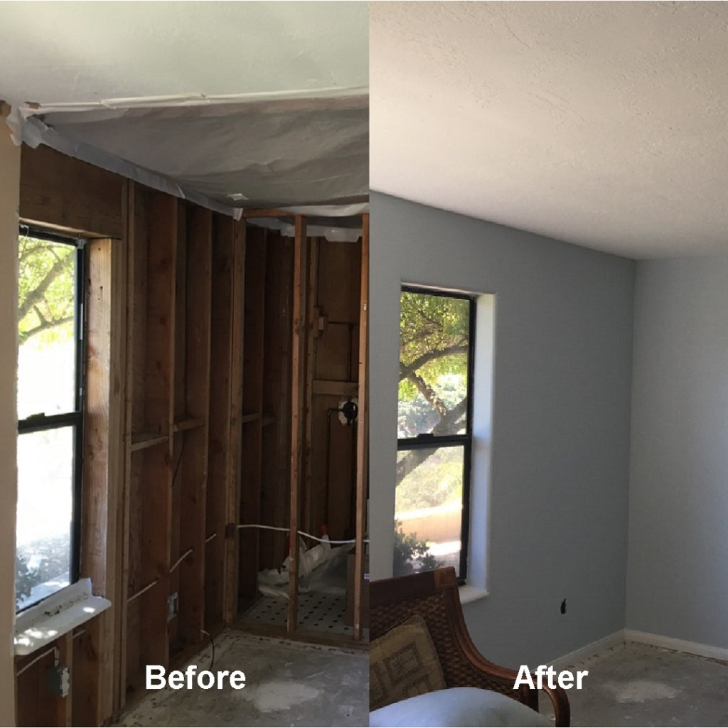 Before and after images of drywall repair in a damaged wall.