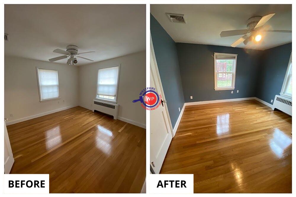 Before and after of a bedroom interior house painting by Westfhal Painting and Drywall LLC.