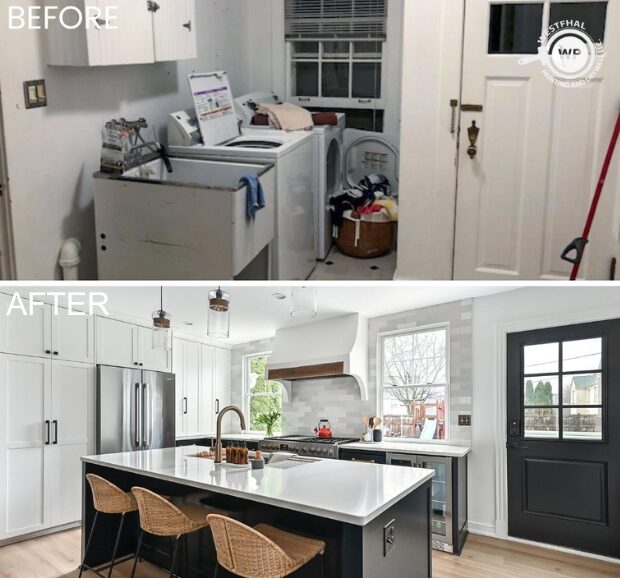 Before and after images of a kitchen cabinet remodel by Westfhal.