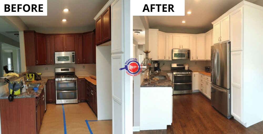 Before and after of a kitchen interior painting transformation by Westfhal Painting and Drywall LLC.