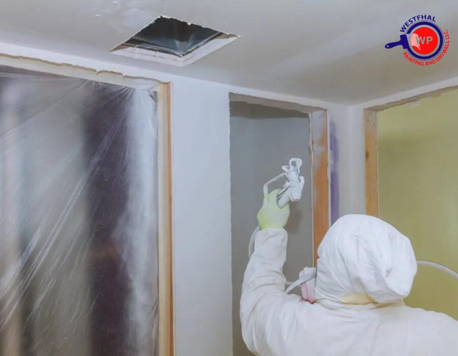 A professional painter using a spray gun to apply primer on freshly finished drywall in a residential home.