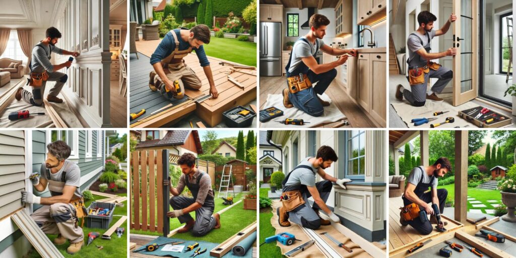 Carpenters performing various residential carpentry services, including deck building, trim installation, and cabinet repair