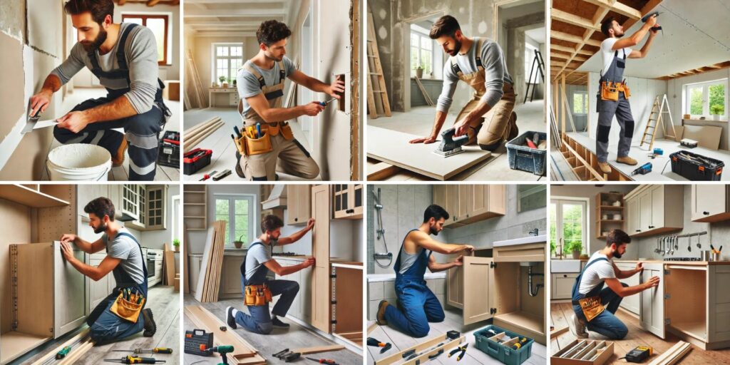 Professional carpenter installing drywall and cabinets in a residential home.