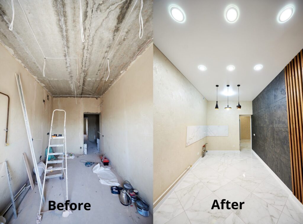 Before and after images of drywall repair showing ceiling restoration.