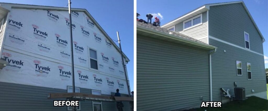 Before and after of a siding installation showing the transformation.