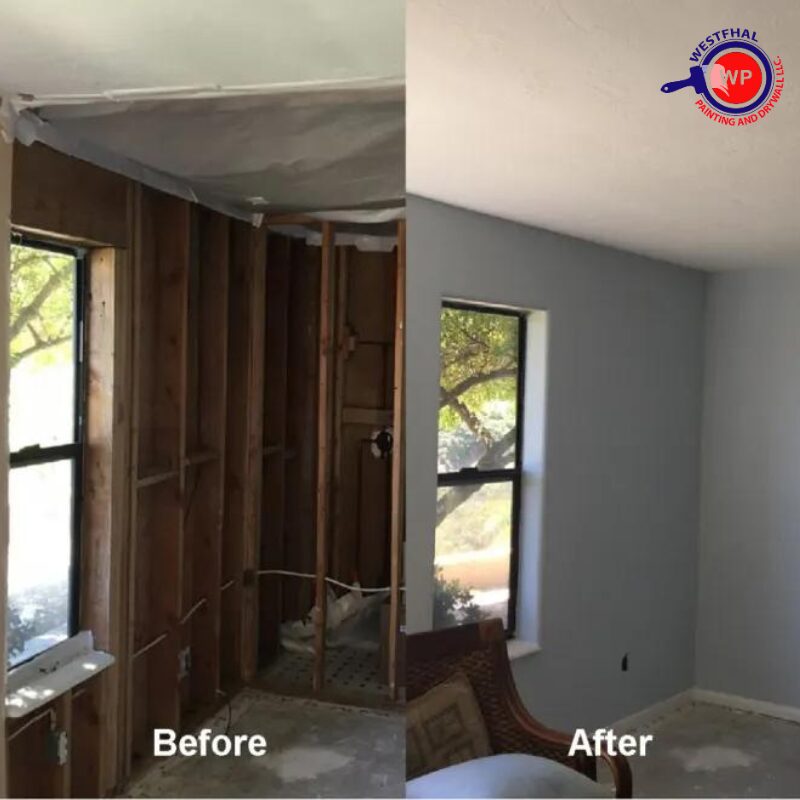 Before and after image of drywall repair in a residential home by Westfhal Painting and Drywall LLC.