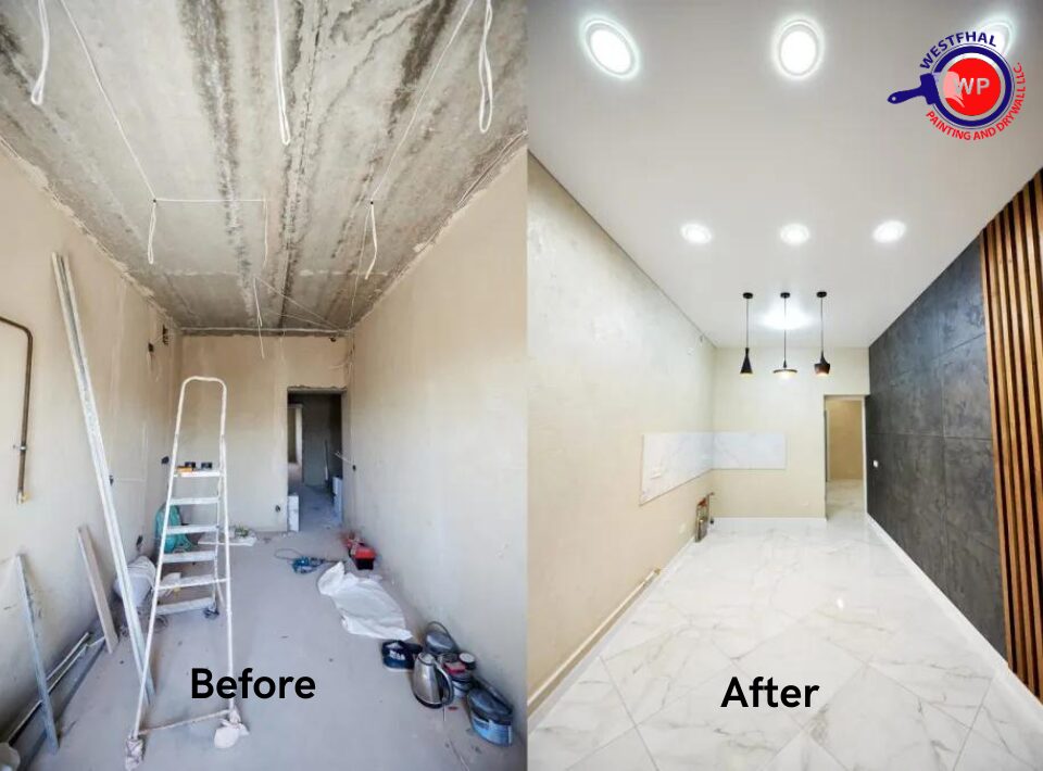 Before and after image showing drywall finishing in a residential home by Westfhal Painting and Drywall LLC.