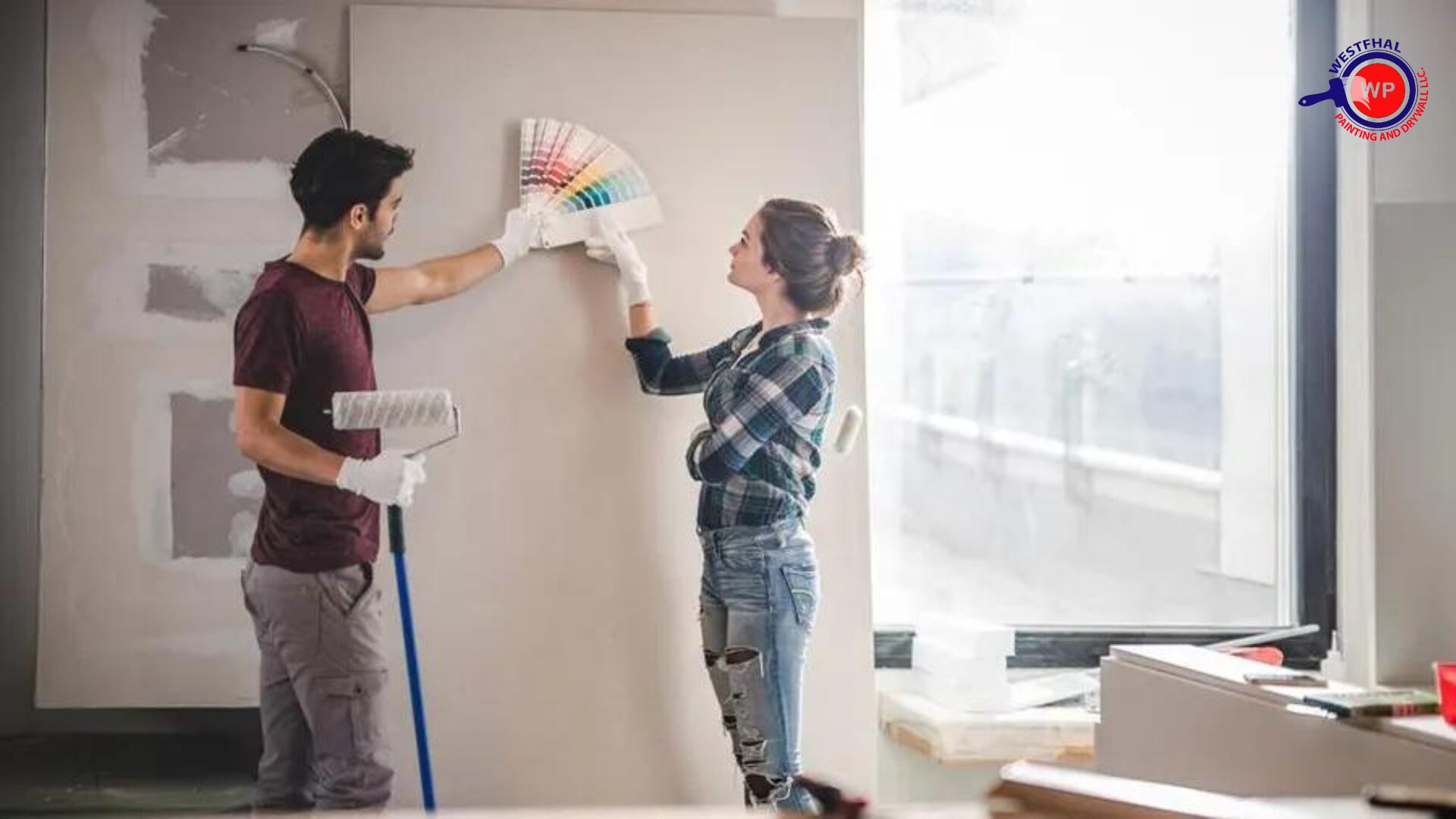 Expert painter from Westfhal Painting consulting with a female client on color choices.