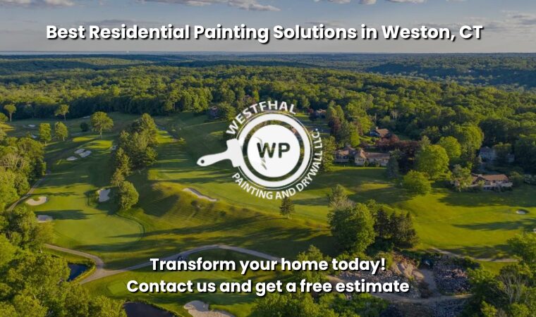 A picturesque view of Weston CT, featuring the Westfhal Painting & Drywall LLC logo and a call-to-action to book services.