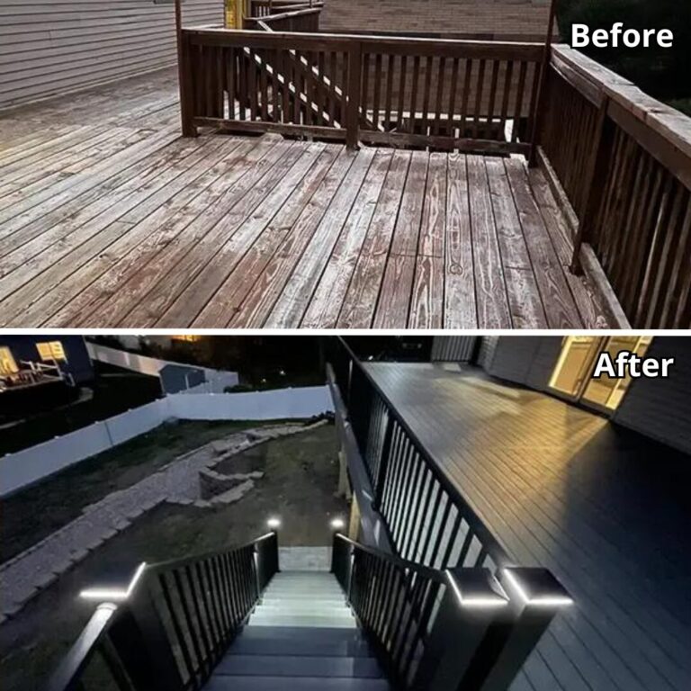 Before and after transformation of a deck staining project by Westfhal Painting and Drywall LLC, experts in deck stain and deck painting services.