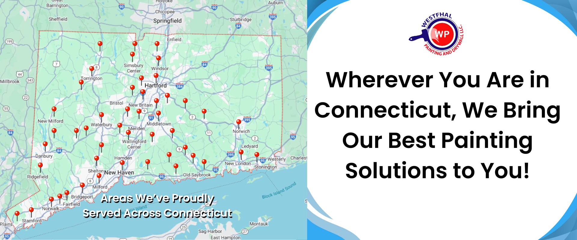 Map showcasing multiple Connecticut locations served by Westfhal Painting and Drywall LLC, trusted painters in CT and house painters near me.