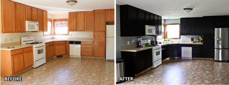 Before and after kitchen cabinet staining using gel stain in Stamford, CT.