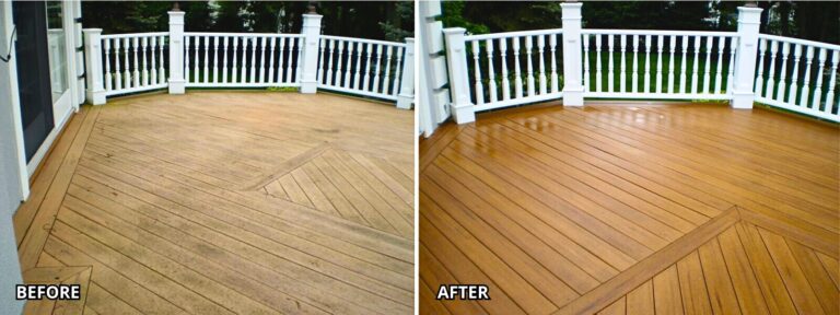 Before and after images of a deck staining project, showing restored wood.