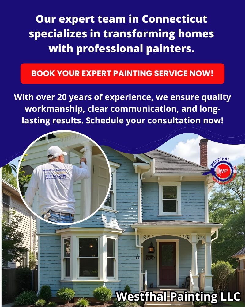 Beautifully painted house with a service banner for Westfhal Painting’s exterior painting services.