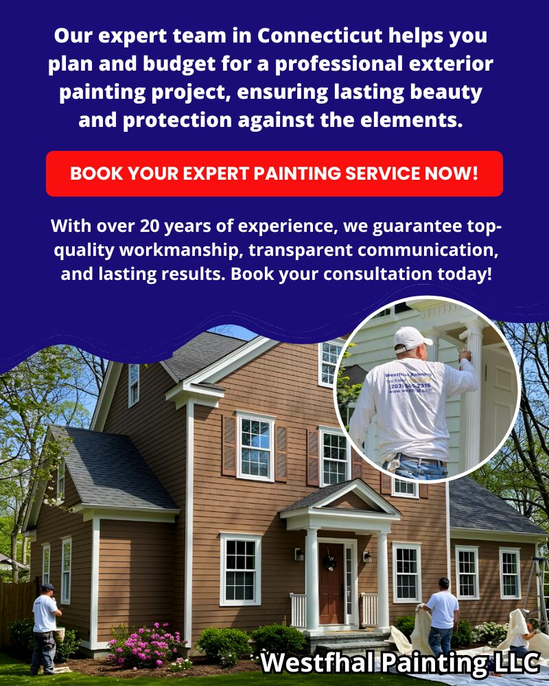 Exterior house painting project in Connecticut, showcasing expert painters at work.