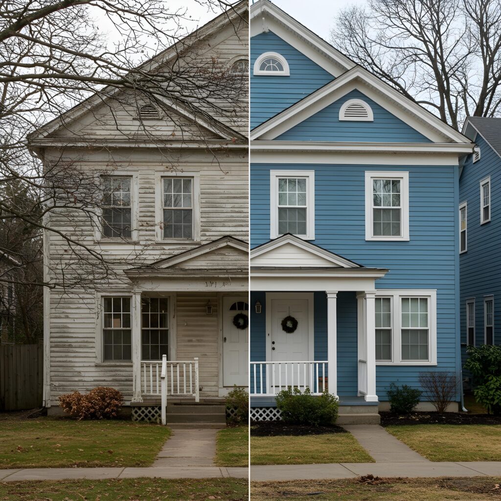 A before-and-after comparison of a home in New Haven, CT, after exterior painting and weatherproofing.