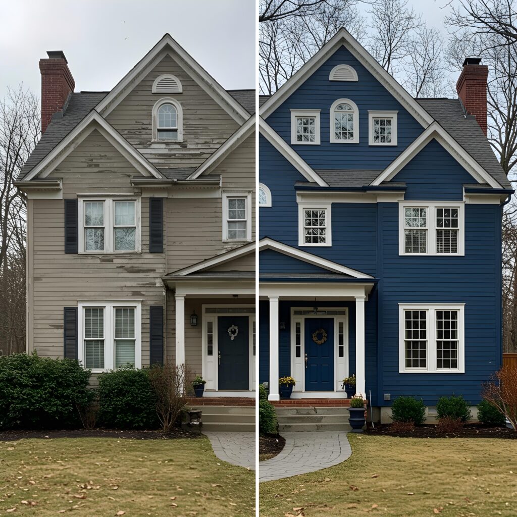 Before-and-after transformation of a home in Ridgefield, CT, featuring a navy blue exterior.