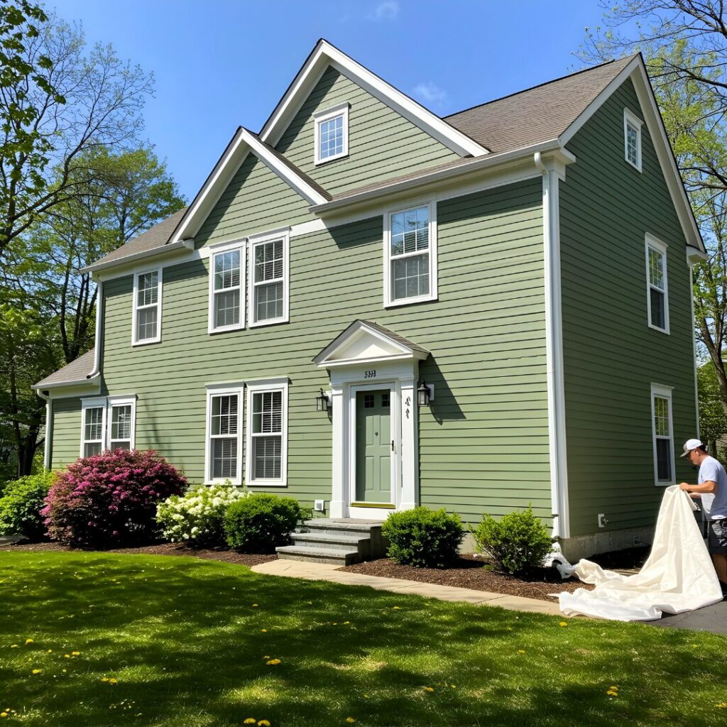 Completed exterior painting of a green house in New Haven, showcasing a fresh, vibrant look.