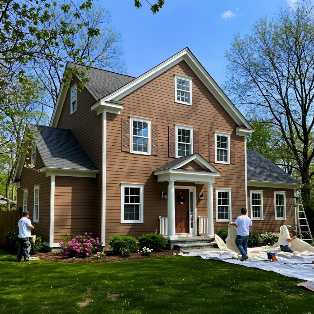 Exterior painting project in Darien, CT, with cleaning, priming, and weather-resistant paint application.