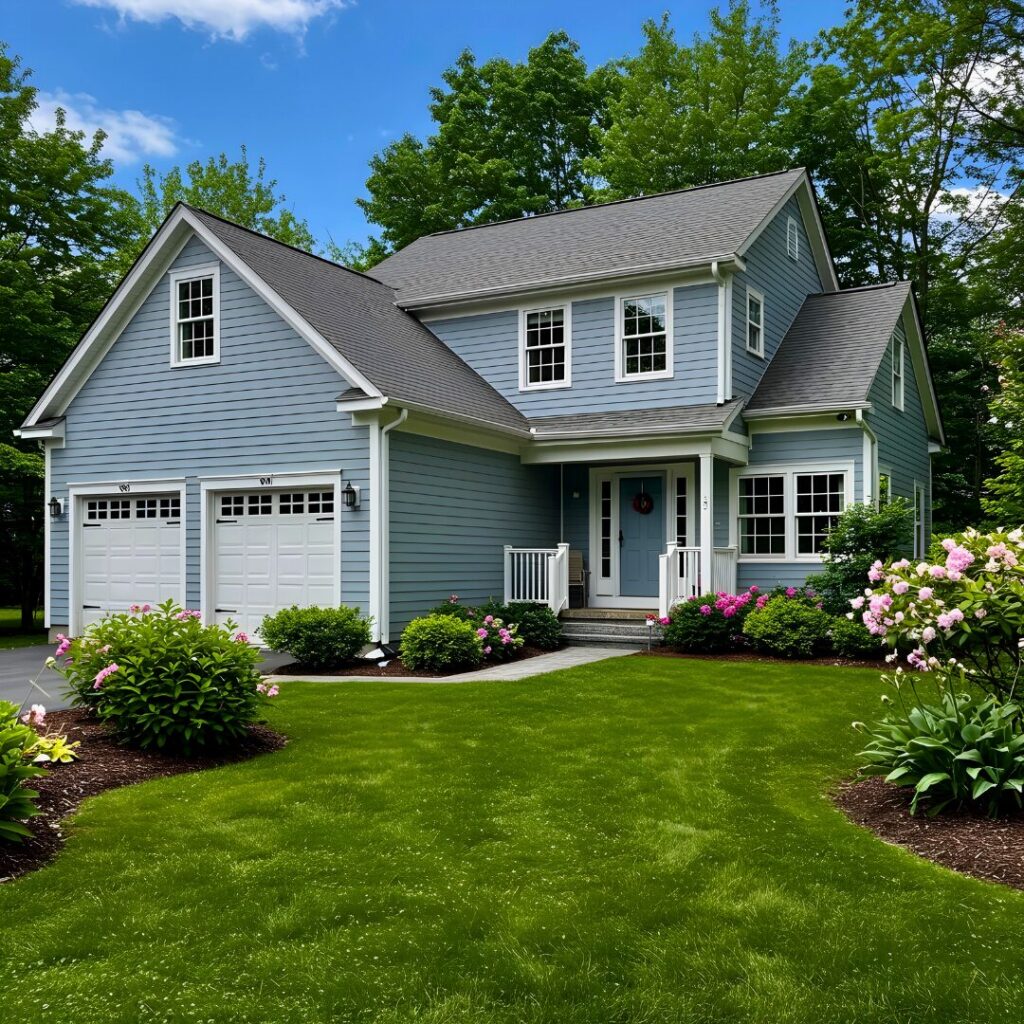 A light blue house with a well-kept lawn in front, showcasing an ideal exterior paint choice.