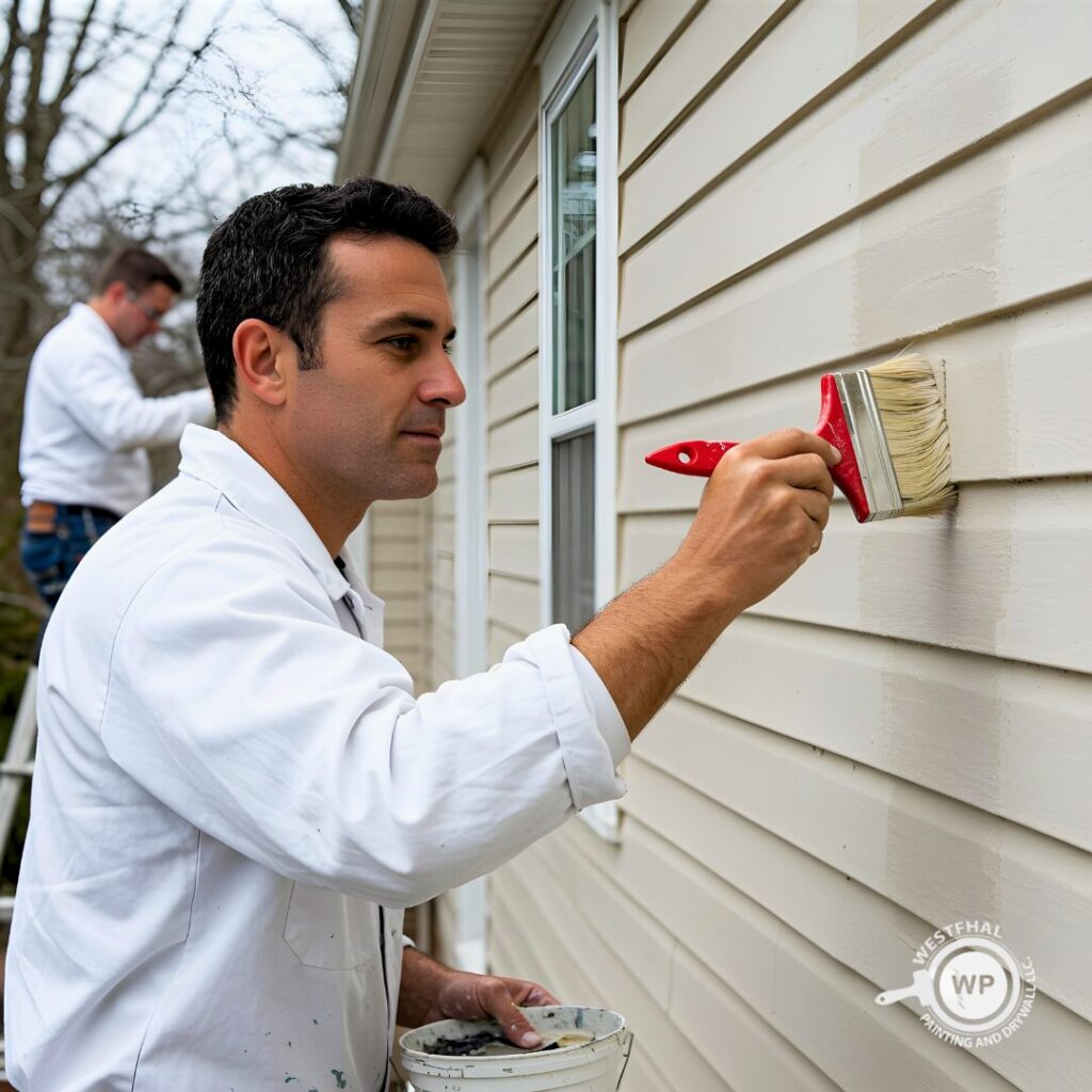 A professional painter from Westfhal Painting working on an exterior house project.