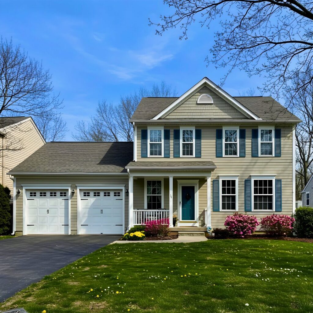 A house with two white garages, showcasing a well-maintained exterior.