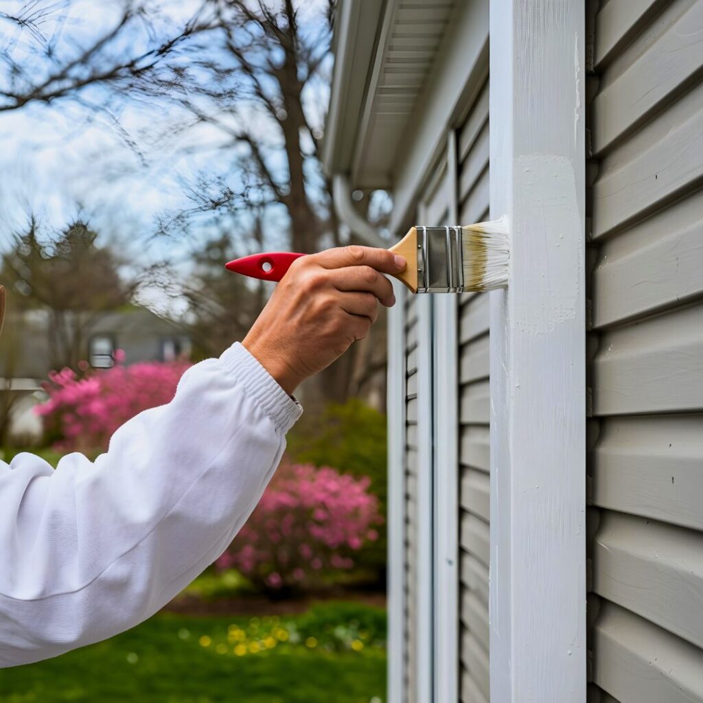 Painter's hand holding a brush, applying fresh paint to a wooden house exterior.