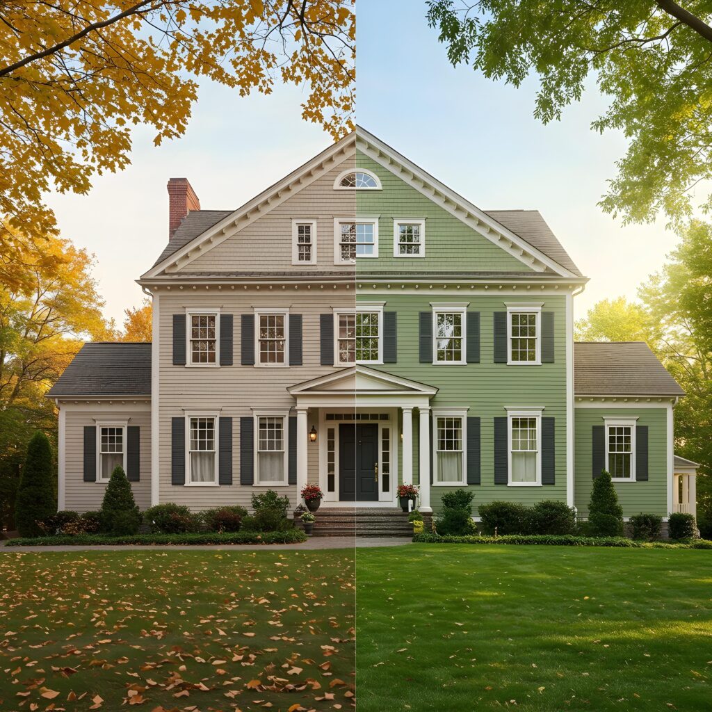 A before-and-after transformation of a home painted in sage green during the summer.