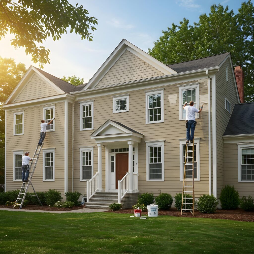 Professional painters working on a home's exterior during the summer in Connecticut.