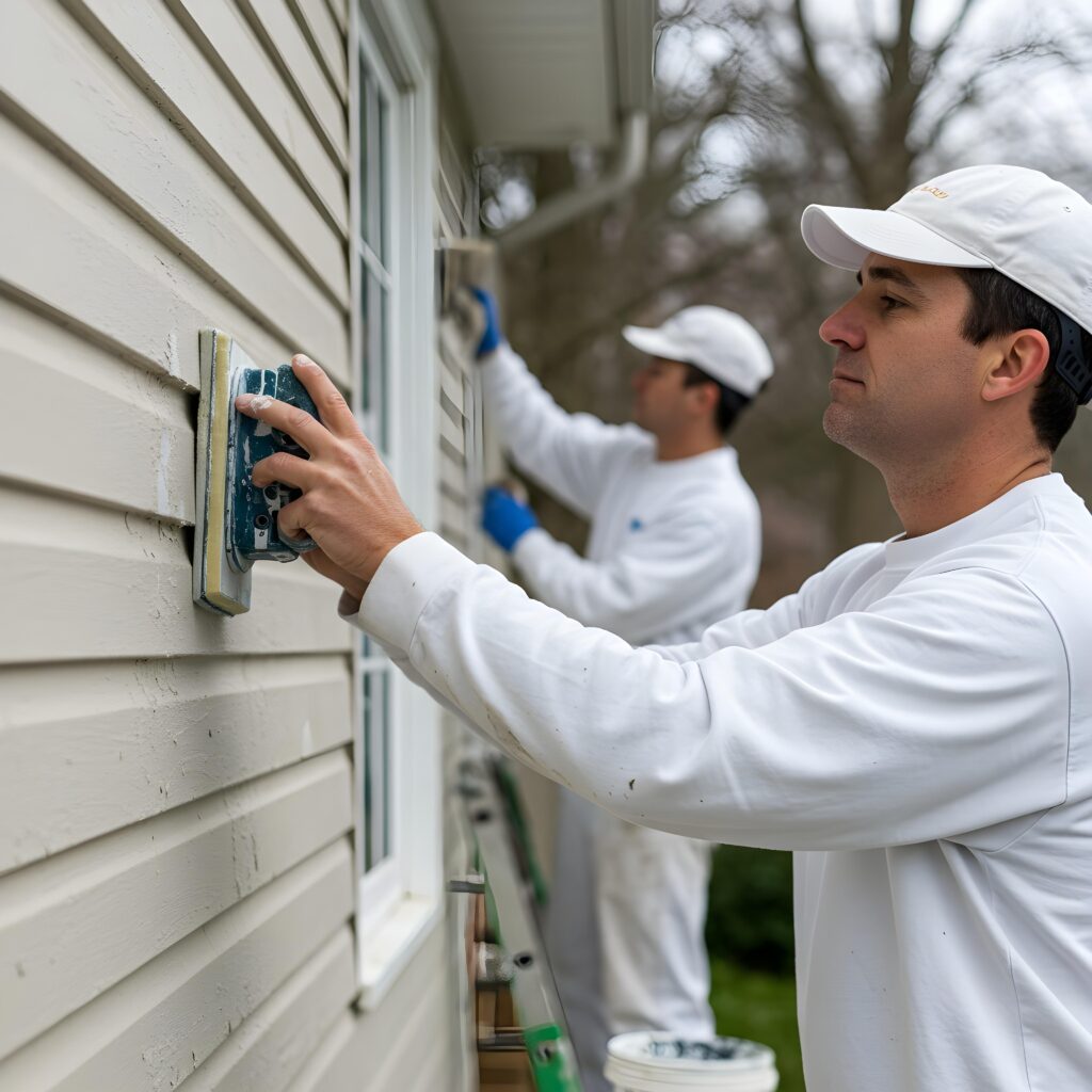 Professional exterior painters in Stamford, CT, preparing a home's surface before painting.