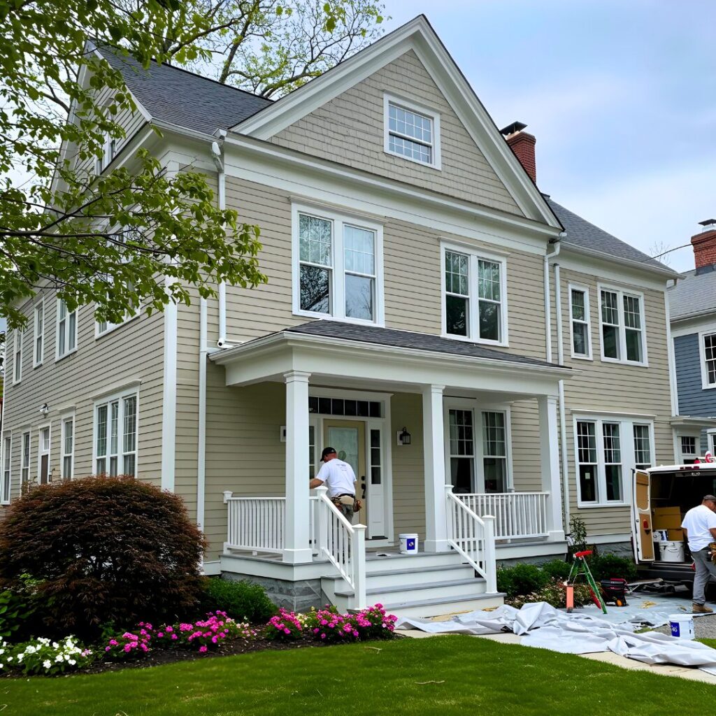 A beige house in Fairfield being finished, showcasing a clean and polished exterior.