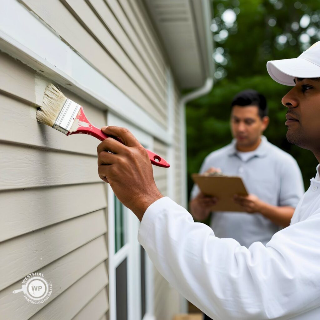 A painter and a supervisor working on an exterior house painting project.