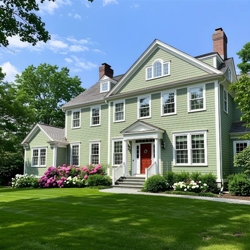 A well-painted light green house with a lawn in front, under the sun, showcasing a flawless exterior.