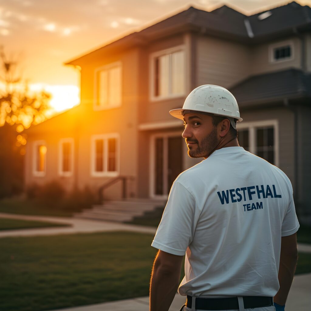 Homeowner consulting with a professional painter about an exterior painting project.