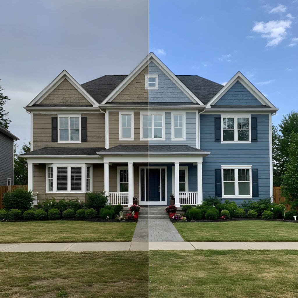 Before-and-after transformation of a Fairfield, CT home with weather-resistant exterior paint.