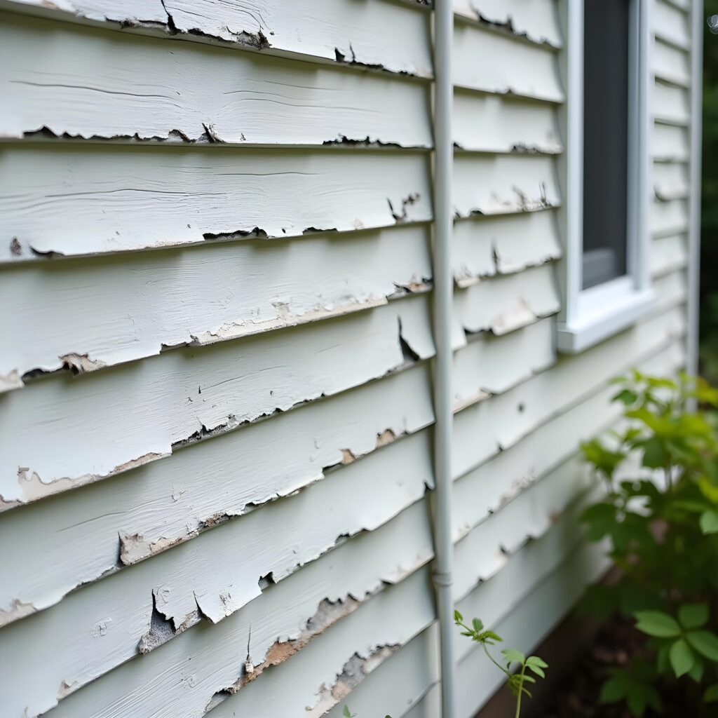 House with peeling exterior paint, showing signs of wear and weather damage.