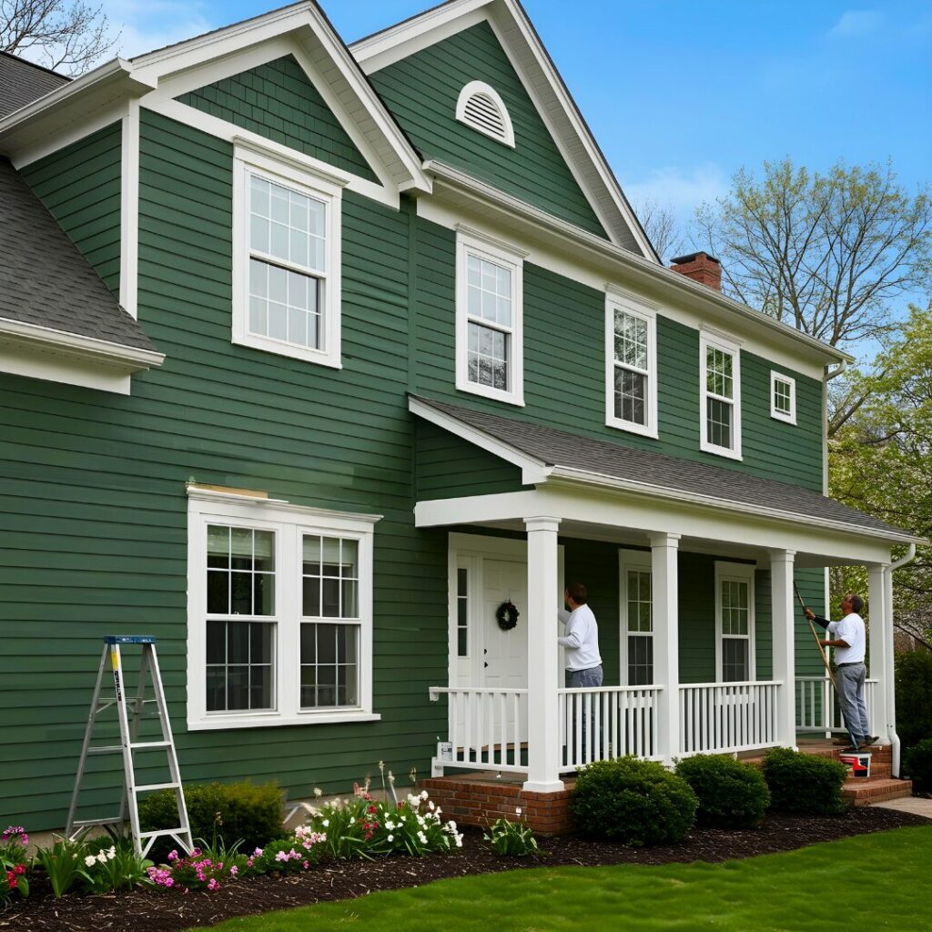 wo professional painters working on a green house exterior, applying fresh paint.