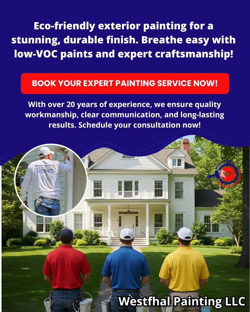 Promotional banner showcasing professional painters using eco-friendly paint in New Canaan.