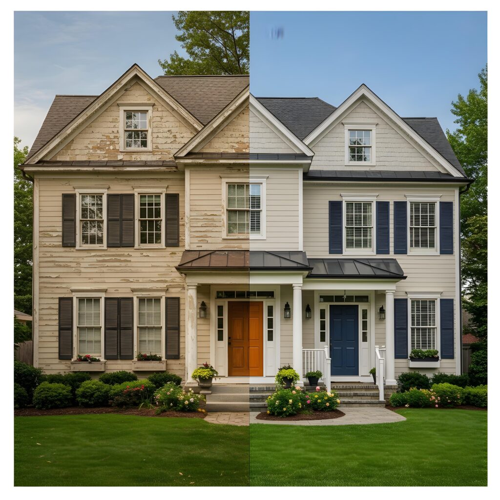 Before-and-after transformation of a Stamford, CT home with a neutral base and bold accent colors.