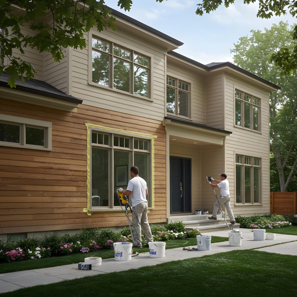 A Stamford home being prepped for an exterior painting project, including sanding and priming.