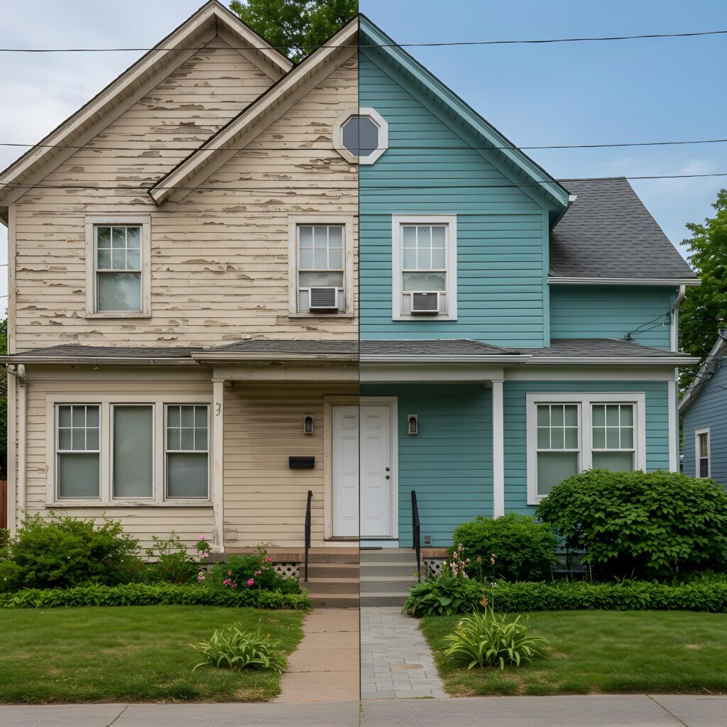 A side-by-side comparison of a home with eco-friendly paint and a home with traditional paint.