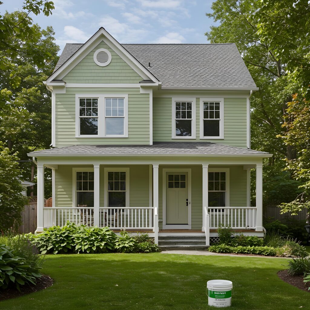 A newly built home in New Canaan, CT, receiving an eco-friendly exterior painting treatment.